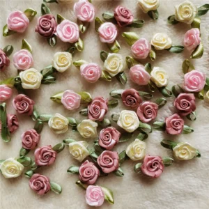 100PCS/Lot Mini Handmade Rose Flower Satin Ribbon Rosettes Fabric Appliques For Wedding Decoration Craft Sewing Accessories