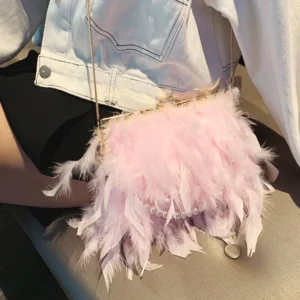 New Luxury Brand Ostrich Feather Women’s Handbag Pink Pearl Chain Underarm Party Evening Clutch Bag Shoulder Bag Crossbody Bag 3