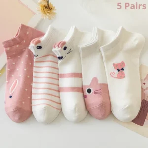 5 Pairs Women’s Short Tube Socks Pink Cat Thin Four Seasons Cute Boat Sockslow Top Ins Trendy Socks