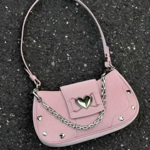 Woman’s Bags Pink Single Shoulder Bag Metal Chain Heart Decoration Y2K Style Underarm Bag Loveliness Lady Fashion Handbags