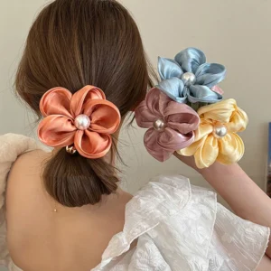 New Fashion Pearl Hair Ties Scrunchies Silk Flowers Elastic Hairband Ponytail Holders Women Hair Rope Rubber Hair Accessories