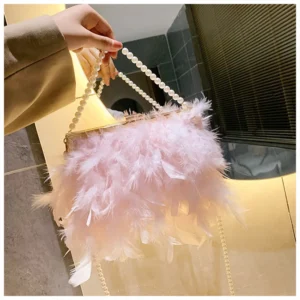 New Luxury Brand Ostrich Feather Women’s Handbag Pink Pearl Chain Underarm Party Evening Clutch Bag Shoulder Bag Crossbody Bag 3